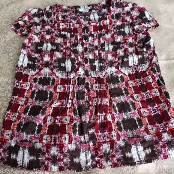 Van Heusen M Multicolored Button Up Ruffle Shortsleeves 100% Cotton Women's Top. - Picture 1 of 8